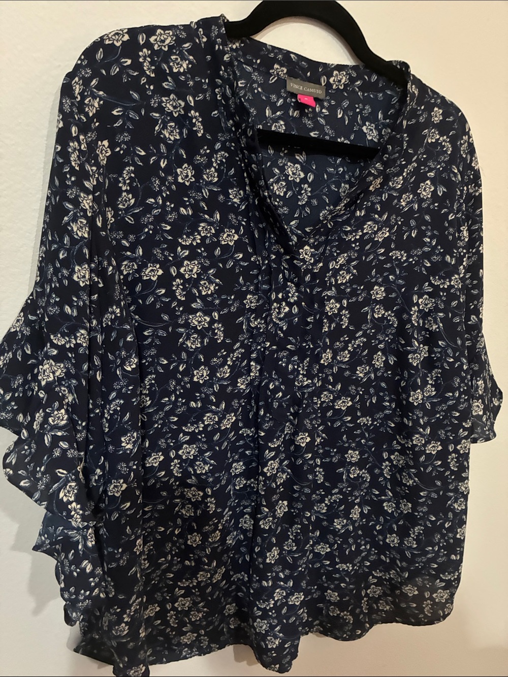 Vince Camuto Navy Floral Ruffle Sleeve Blouse - Picture 6 of 8